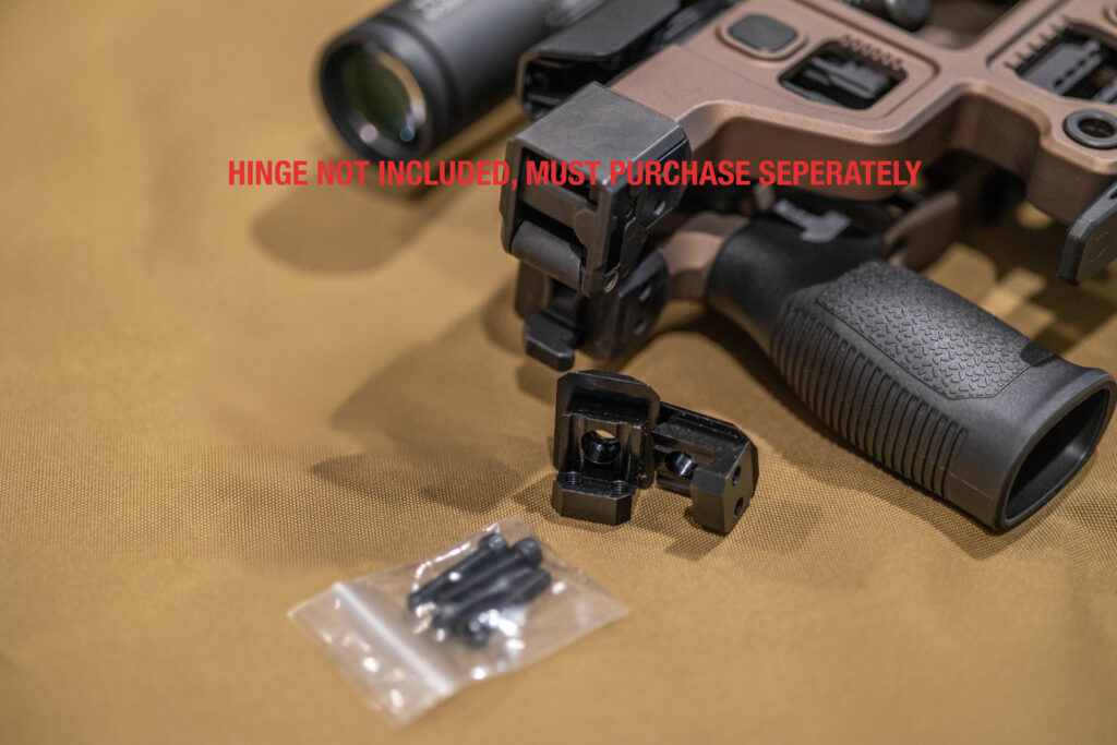 Folding stock adapter plates and fasteners on an Aero Solus chassis; hinge sold separately