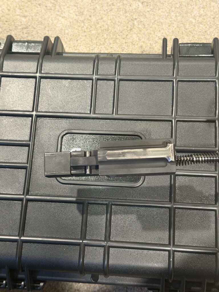 Stribog bolt group with the locking block and recoil spring, removed from the upper housing